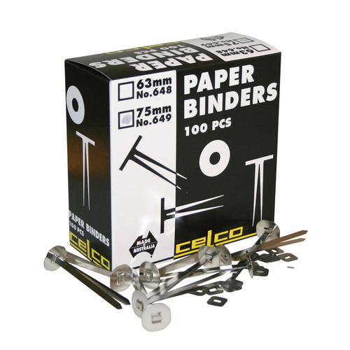Celco 75mm Paper Binder Fastener Split Pins 649 - 100 Pack