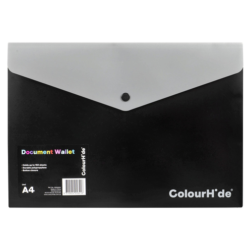ColourHide A4 Document Wallet With Button Closure - Black