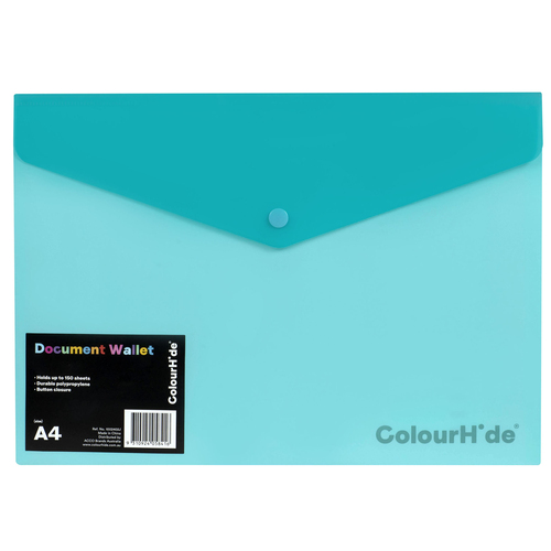ColourHide A4 Document Wallet With Button Closure 1002432J - Aqua