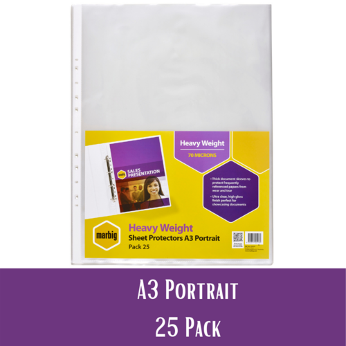 Marbig A3 Sheet Protectors Heavy Weight Portrait - 25 Pack