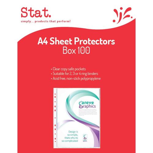 Stat A4 Sheet Protectors Clear Acid Free Suitable for 2, 3 & 4 Ring 43050 - 100 Pack