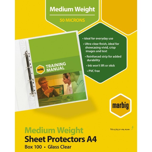 Marbig A4 Deluxe Sheet Protector Silver Strip Medium Weight Portrait - 100 Pack