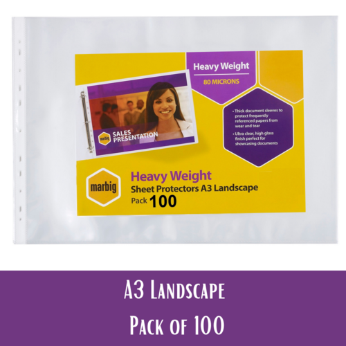 Marbig A3 Sheet Protectors Heavy Weight Landscape - 100 Pack