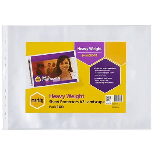 Marbig A3 Sheet Protectors Heavy Weight Landscape 80 Micron 25111 - 100 Pack