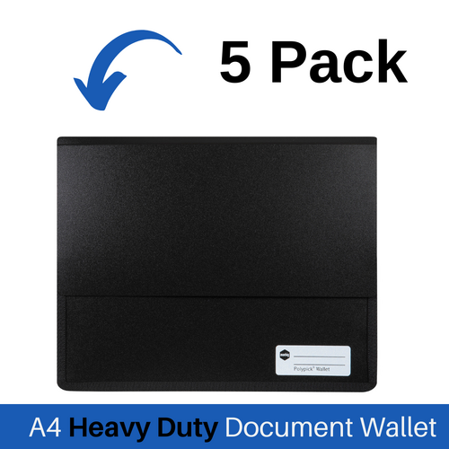 Marbig A4 Heavy Duty Polypick Document Wallet 5 Pack - Black