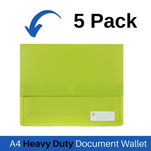 Marbig A4 Heavy Duty Polypick Document Wallet 5 Pack - Lime