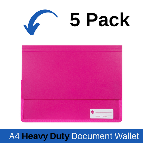 Marbig A4 Heavy Duty Polypick Document Wallet 5 Pack - Pink