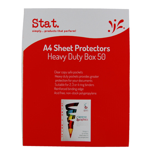 Stat A4 Sheet Protectors Clear Acid free Suitable for 2, 3 and 4 Ring HEAVY DUTY - 50 Pack