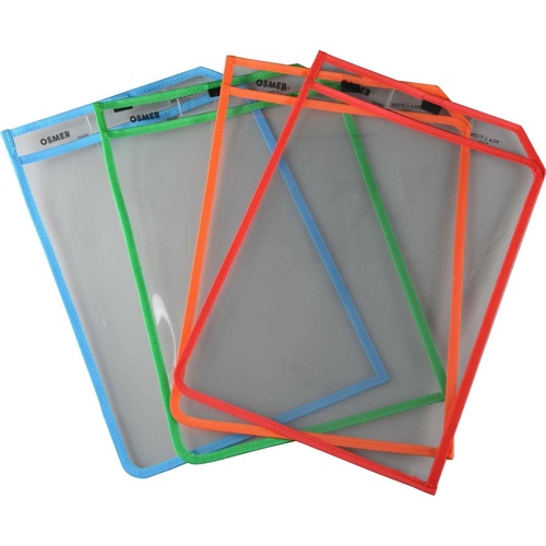 Osmer A4 Write and Wipe Erasable Sleeve / Board With Marker - Assorted Colours