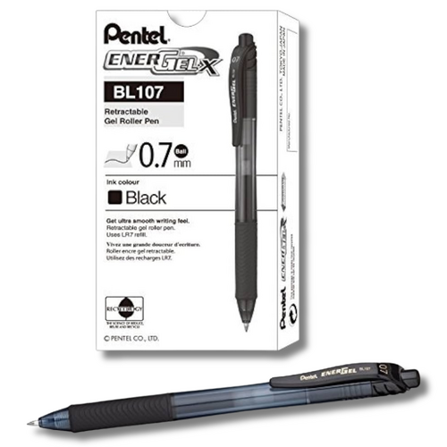 Pentel Energel Gel Ink Roller Ball Pen 0.7mm BL107 BLACK - 12 Pack