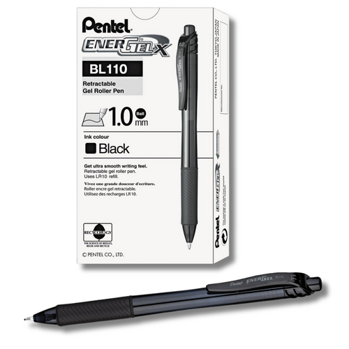 Pentel EnerGel-X Roller Gel Pen Retractable 1.0mm BL110 BLACK -12 Pack
