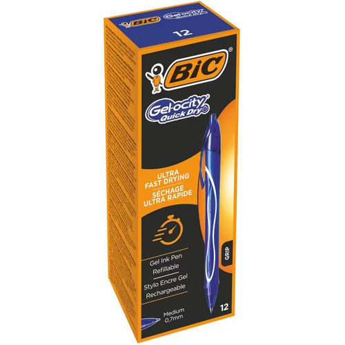 Bic Gelocity Gel Quick Dry Ballpoint 0.7mm Blue Retractable - 12 Pack