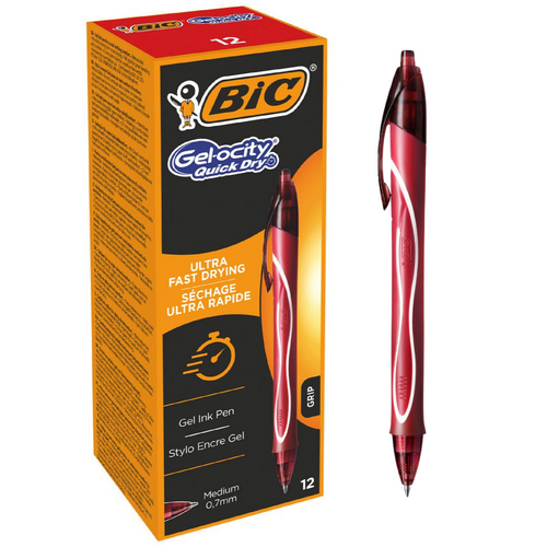Bic Gelocity Ballpoint Gel Pen Quick Dry Retractable 0.7mm RED - 12 Pack