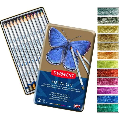 Derwent METALLIC Watercolour Pencils in Tin, Colouring Art - D700456