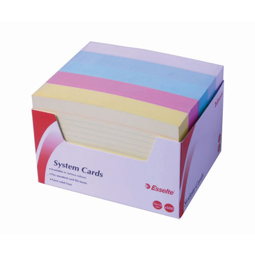 Esselte System Cards Ruled Lines 127x76mm/5x3 Assorted Colours - 500 Pack