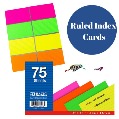 Bazic Neon Fluorescent Coloured Ruled Index Cards - 75 Pack