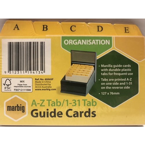 Marbig A-Z 1-31 Manilla Indexed System Cards 5x3