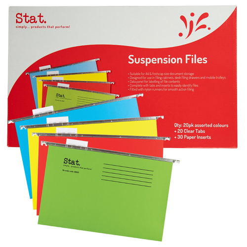 Economy A4/FC Suspension File Assorted Colours + Clear Tabs 48025 - 20 Pack