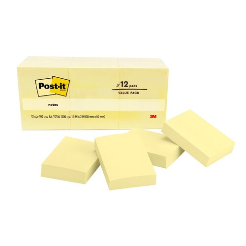 Post-It Notes 653 38x50mm Yellow - 12 Pack
