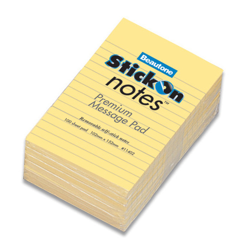 Beautone Stick On Notes Ruled 102x152mm - 11402 - 6 Pads - Yellow