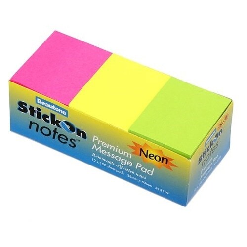 Beautone Stick On Notes 38x50mm Neon Assorted - 12 Pack