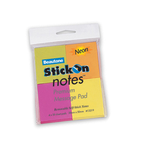 Beautone Stick On Notes 38x50mm Neon Colours 13219 - 4 Pack
