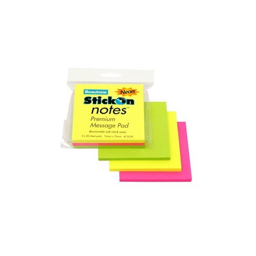 Beautone Stick On Notes 76x76mm Neon Colours - 3 Pack