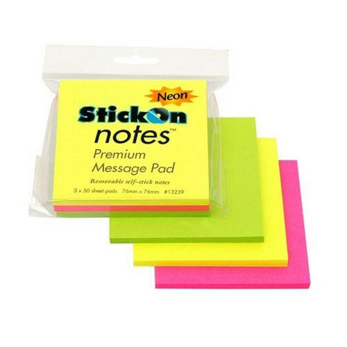 Beautone Stick On Notes 76x76mm Neon Colours - 3 Pack