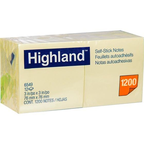 Highland Stick On Notes 6549 76x76mm Yellow - 12 Pack