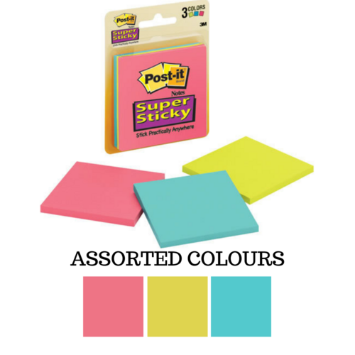 Post-It Super Sticky Notes 73x73mm 3321-SSAU Assorted Colours - 3 Pack