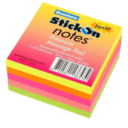 Beautone Stick On Notes Cube 76x76mm Neon Colours