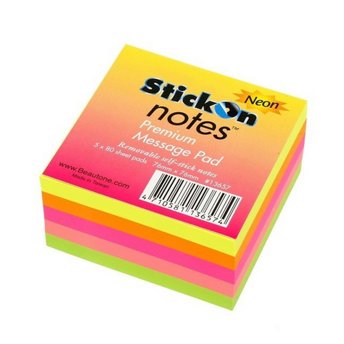 Beautone Stick On Notes Cube 76x76mm Neon Colours