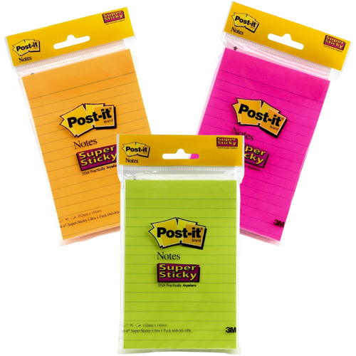 Post-it Super Sticky Lined Notes 102x148mm 660-SS - Assorted Colours