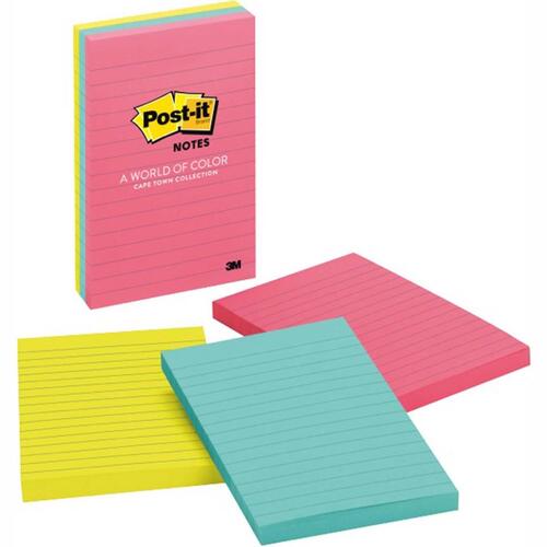 Post- It Notes 660-3AN 98x149mm Lined Assorted Neon Colours- 3 Pack