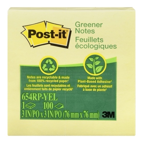 Post-it Sticky Notes Recycled 76x76mm 654-RP Yellow - 100 Sheets