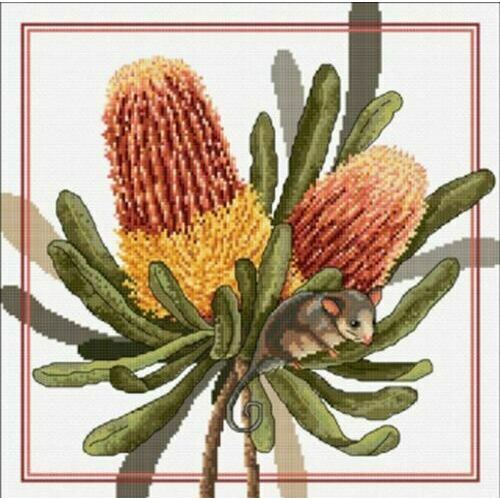 Country Threads Cross Stitch Kit BANKSIA AND PIGMY POSSUM Design 30x30cm - FJ.2018