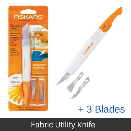 Fiskars Easy Change Comfort Fabric Knife + 3 Blades for Buttonholes Fabric & Rip Seams - BR1662