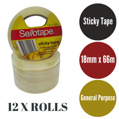 Sellotape Sticky Tape, Repair, Packaging Tape 12mm X 66m - 12 Pack