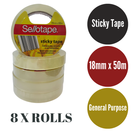 8 X Sellotape Sticky Tape, Repair, Packaging Tape 18mm X 66m