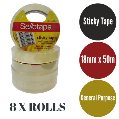 8 X Sellotape Sticky Tape, Repair, Packaging Tape 18mm X 66m 