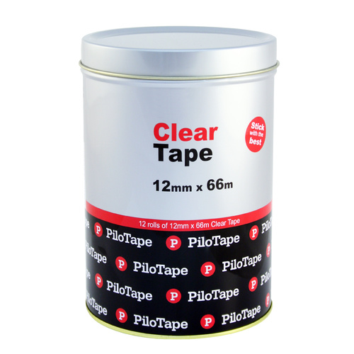 PiloTape Self Adhesive Clear General Tape 12mmx66m In Reuasable Tin - Pack 12