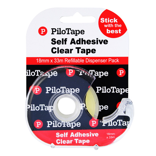 12 X PiloTape Self Adhesive Clear General Tape 18mmx33m On Dispenser