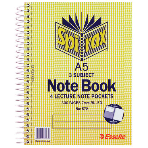 5 X Spirax 572 A5 Spiral 3 Subject Book, Notebook, Notepad Side Opening 300 Pages