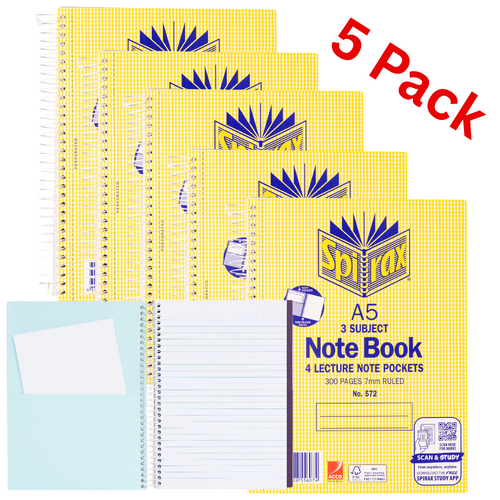 5 X Spirax No. 572 A5 3 Subject Notebook 210 x 148mm 300 Page 56572
