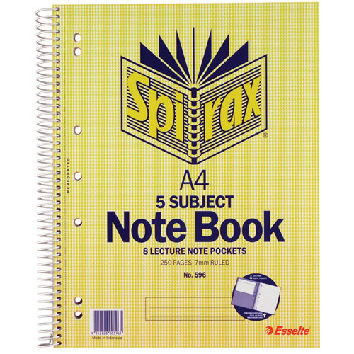5 X Spirax 596 A4 Spiral 5 Subject Book, Notebook, Notepad Side Opening 250 Pages