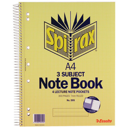 5 X Spirax 599 A4 Spiral 3 Subject Book, Notebook, Notepad Side Opening 300 Pages