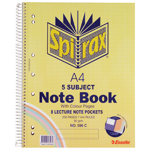 Spirax 596C A4 Spiral 5 Subject Book, Notebook, Notepad Side Opening 250 Pages - 5 Pack