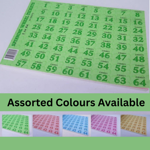 3 X Chocolate Spinning Wheel Tickets Numbered 1 - 64 - Book of 50 Sheets 5 Colours - 84121