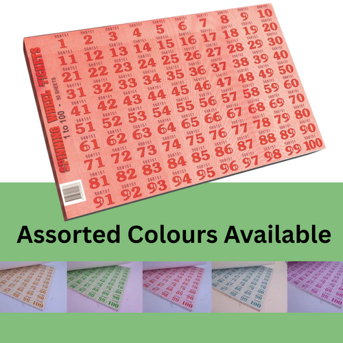 Chocolate Spinning Wheel Raffle Tickets 1 - 100 Numbers 5 Colours 50 Sheets BSG - 84122