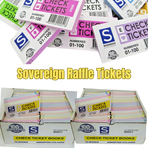 Sovereign Raffle Ticket Check Books Door Prize Tickets Numbered 1-100 - BOX 72 Ticket Books